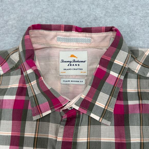 Tommy Bahama Shirt Mens L Pink Green Cream Plaid Island Modern Fit Short Sleeves - Picture 2 of 7